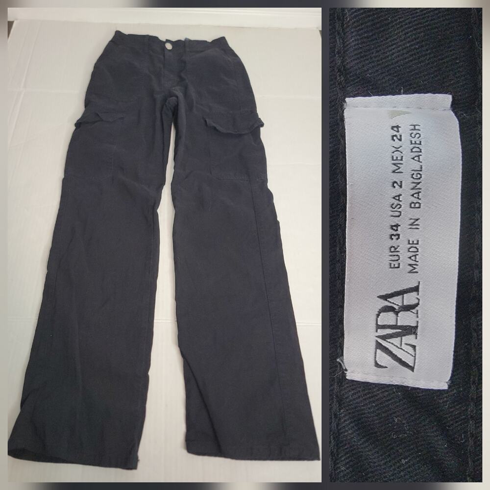 Zara Cargo Pants Womens 2 X 30 Straight High Rise Black Rigid Utility Pockets